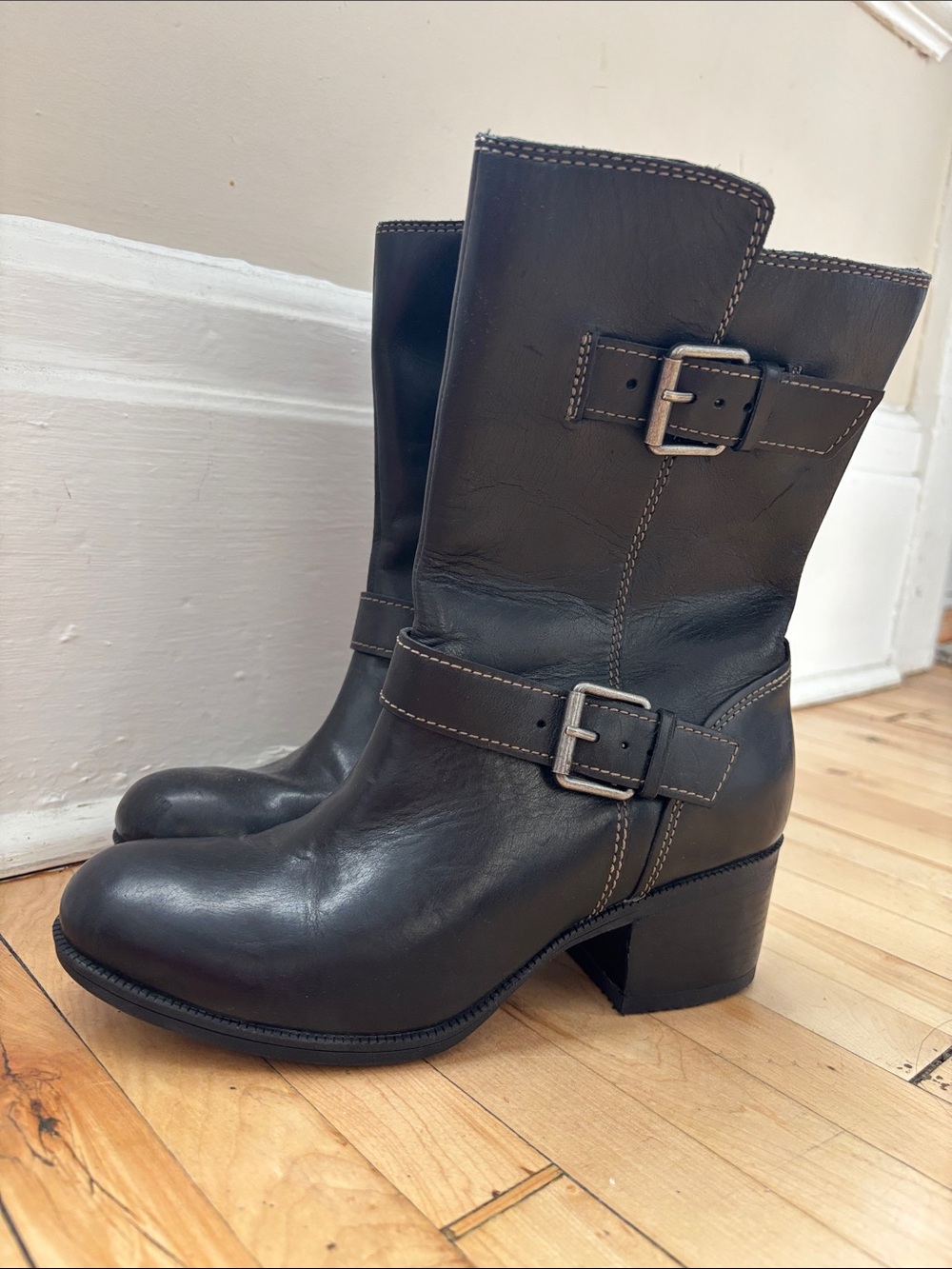 Clarks Black Leather Mid-Calf Buckle Heeled Boots